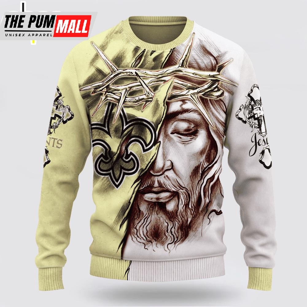 Custom Name And Number NFL New Orleans Saints Jesus Face 3D Sweater