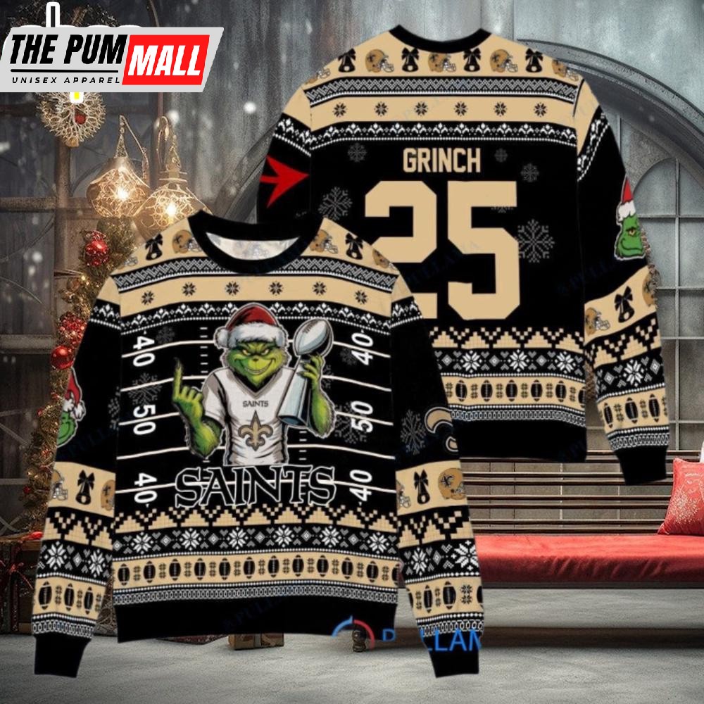 Custom Name And Number NFL New Orleans Saints x Grinch Super Bowl Trophy Ugly Christmas Sweater