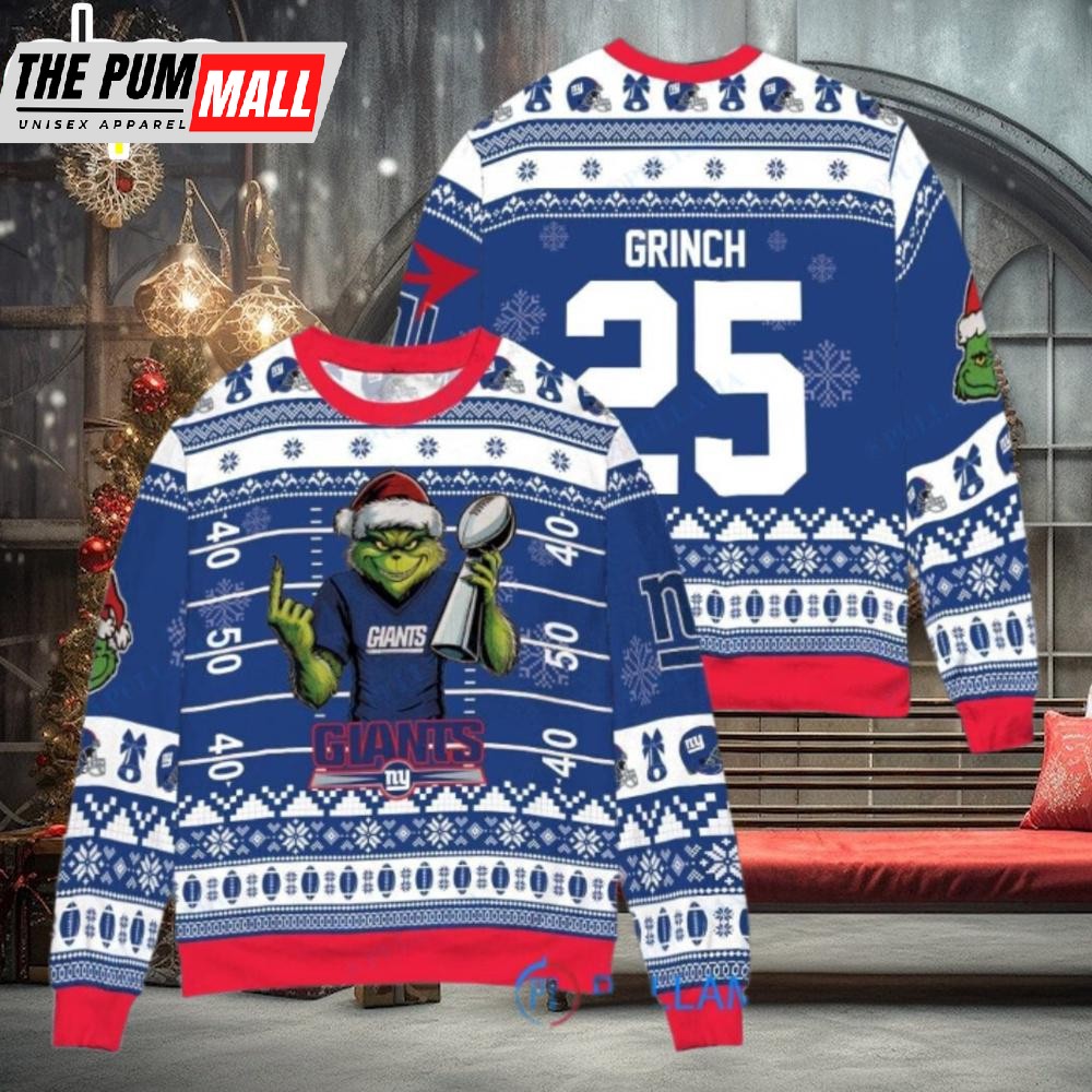 Custom Name And Number NFL New York Giants x Grinch Super Bowl Trophy Ugly Christmas Sweater