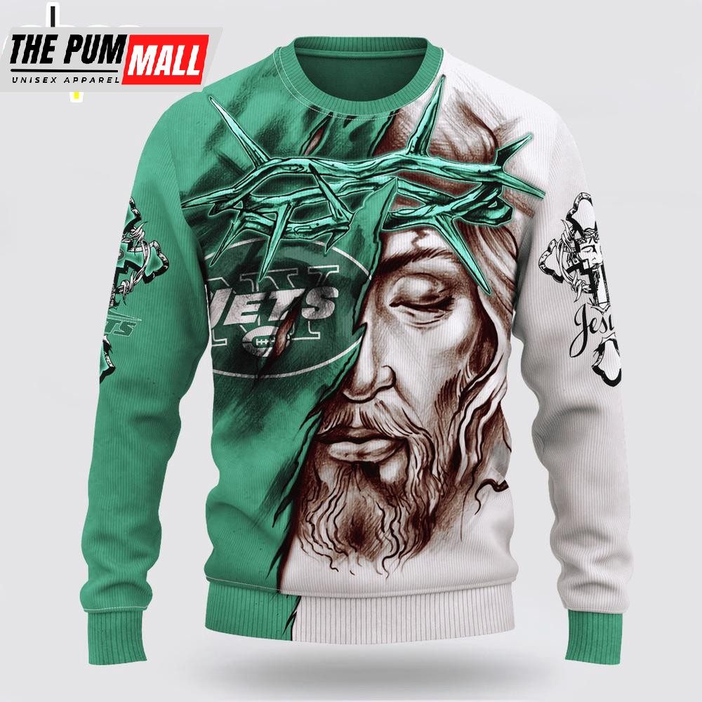Custom Name And Number NFL New York Jets Jesus Face 3D Sweater