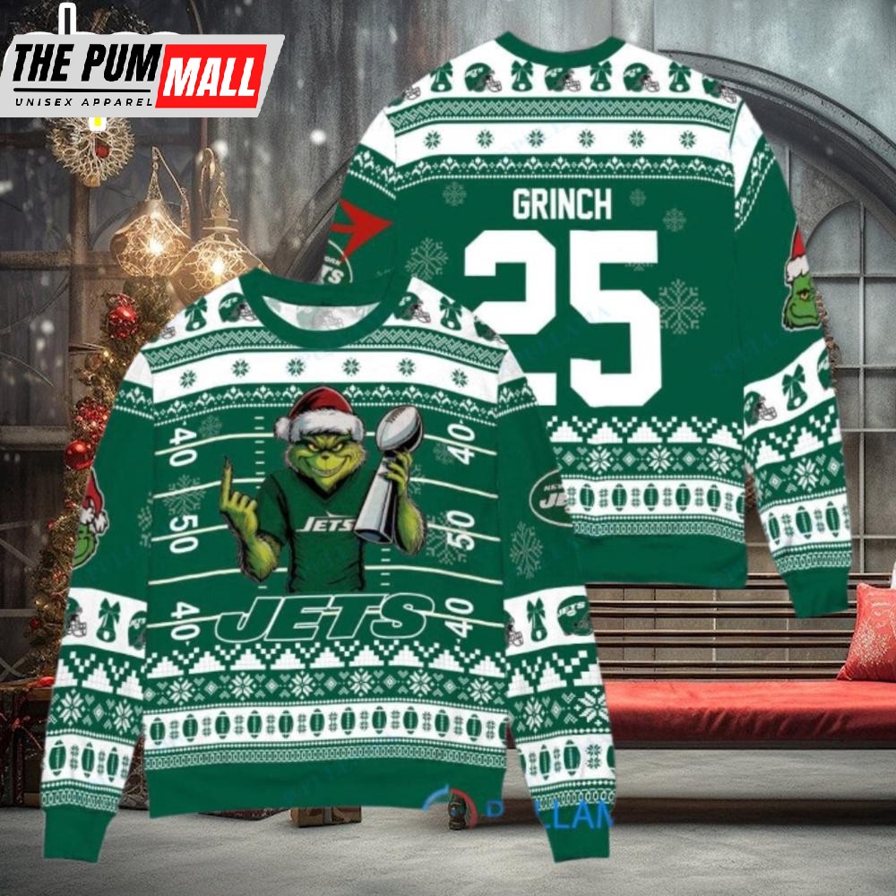 Custom Name And Number NFL New York Jets x Grinch Super Bowl Trophy Ugly Christmas Sweater