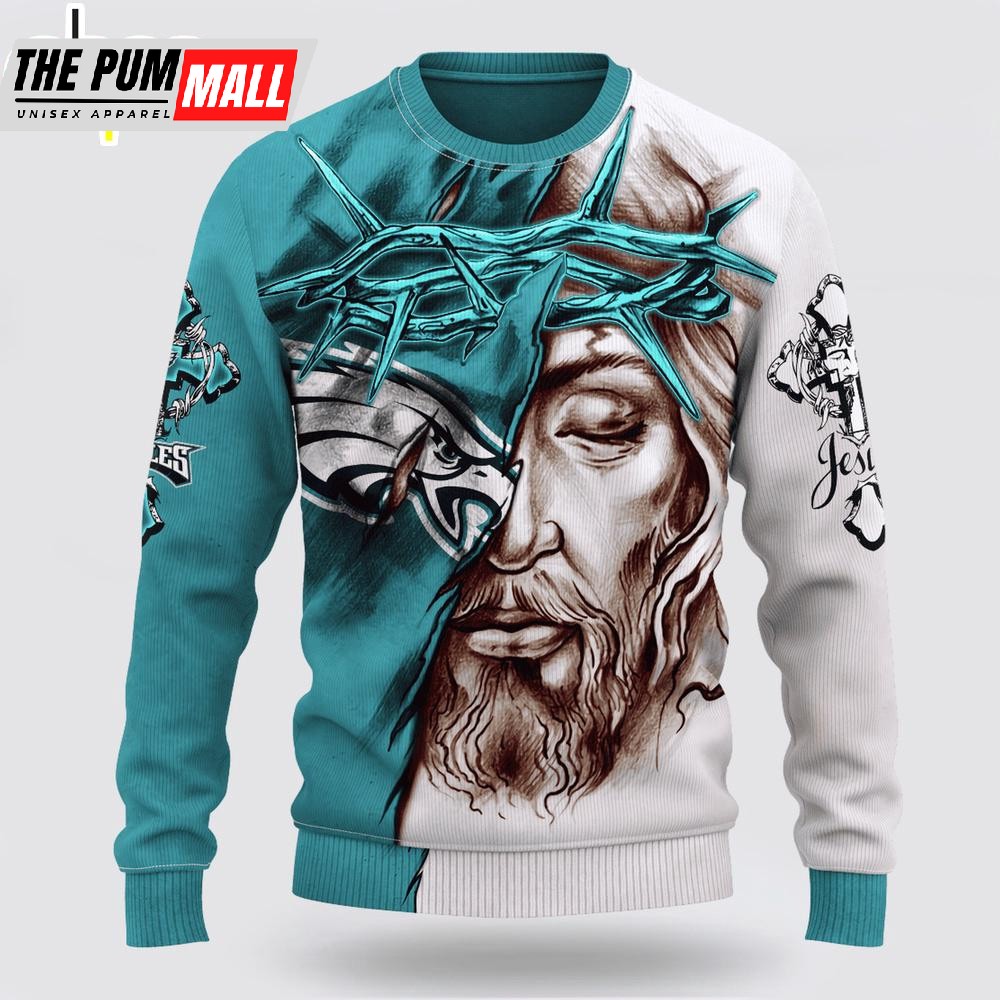 Custom Name And Number NFL Philadelphia Eagles Jesus Face 3D Sweater