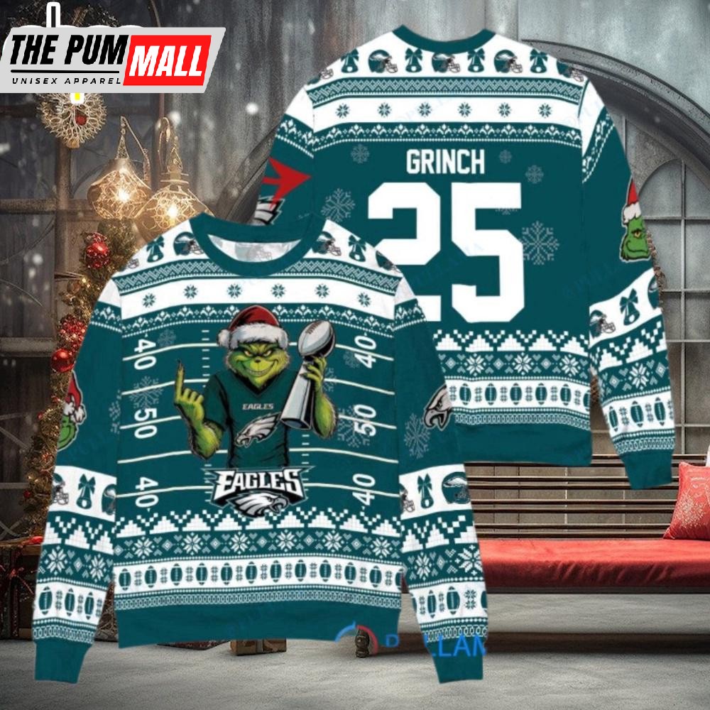 Custom Name And Number NFL Philadelphia Eagles x Grinch Super Bowl Trophy Ugly Christmas Sweater