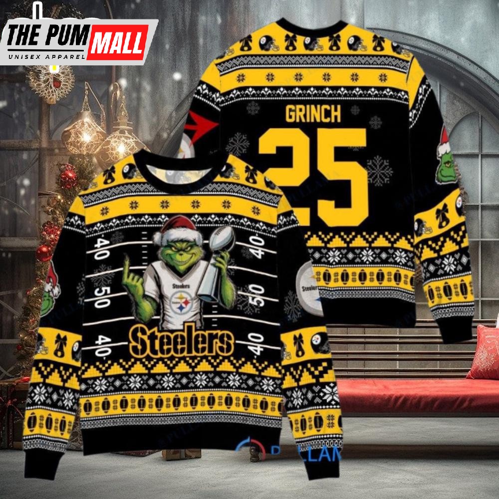 Custom Name And Number NFL Pittsburgh Steelers x Grinch Super Bowl Trophy Ugly Christmas Sweater