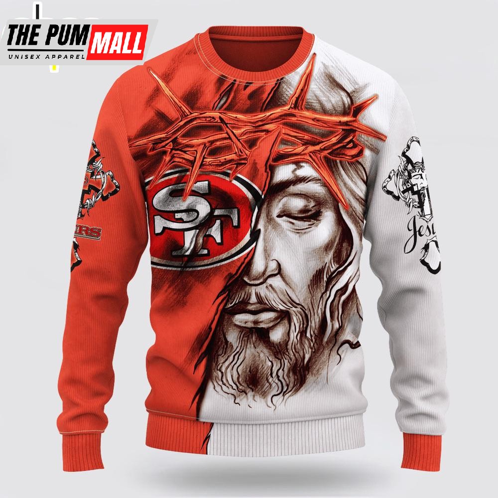 Custom Name And Number NFL San Francisco 49ers Jesus Face 3D Sweater