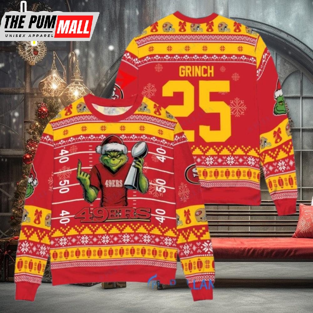 Custom Name And Number NFL San Francisco 49ers x Grinch Super Bowl Trophy Ugly Christmas Sweater
