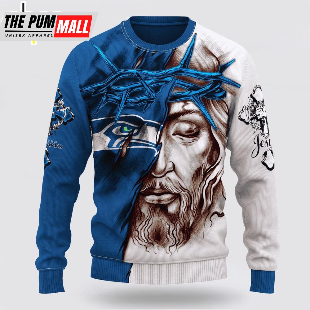 Custom Name And Number NFL Seattle Seahawks Jesus Face 3D Sweater