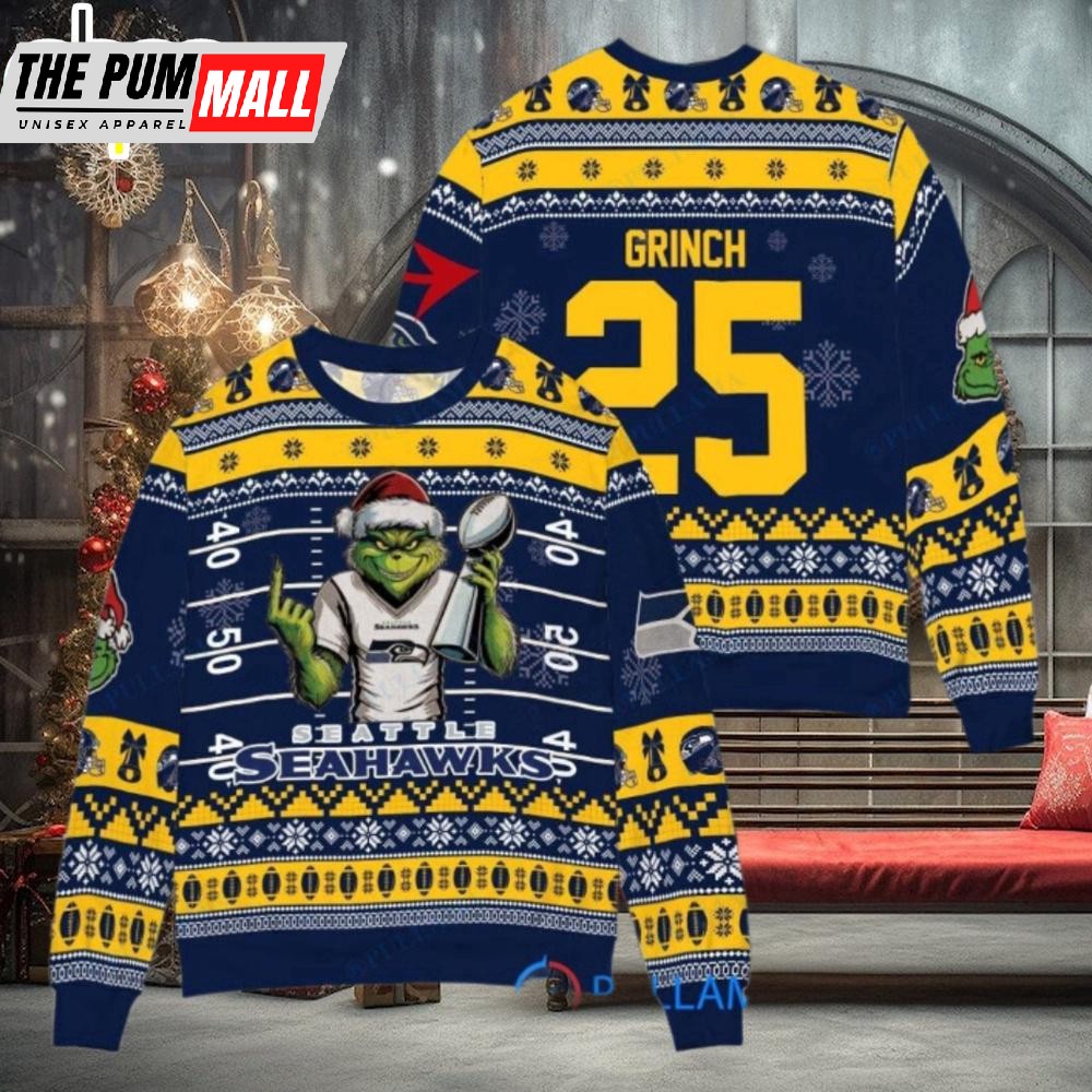 Custom Name And Number NFL Seattle Seahawks x Grinch Super Bowl Trophy Ugly Christmas Sweater
