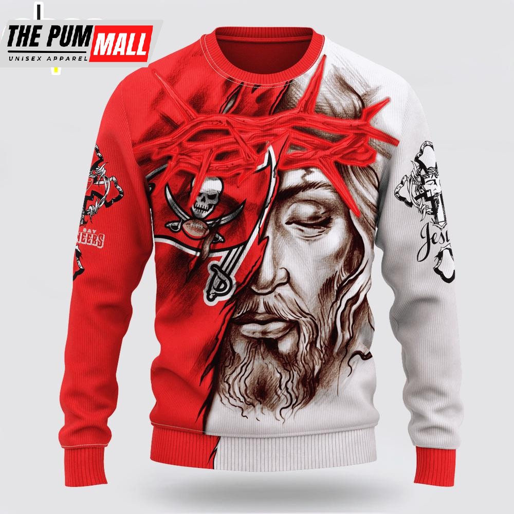 Custom Name And Number NFL Tampa Bay Buccaneers Jesus Face 3D Sweater