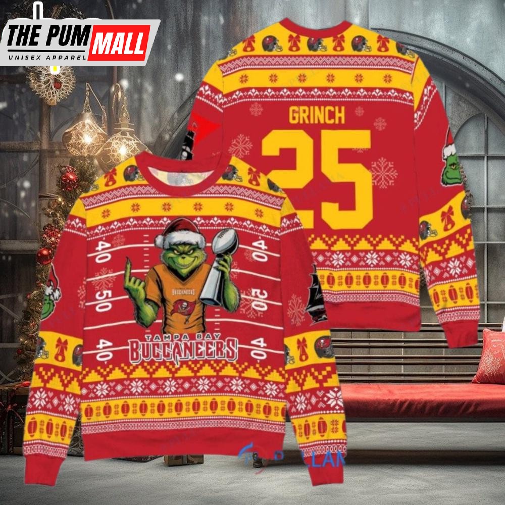 Custom Name And Number NFL Tampa Bay Buccaneers x Grinch Super Bowl Trophy Ugly Christmas Sweater