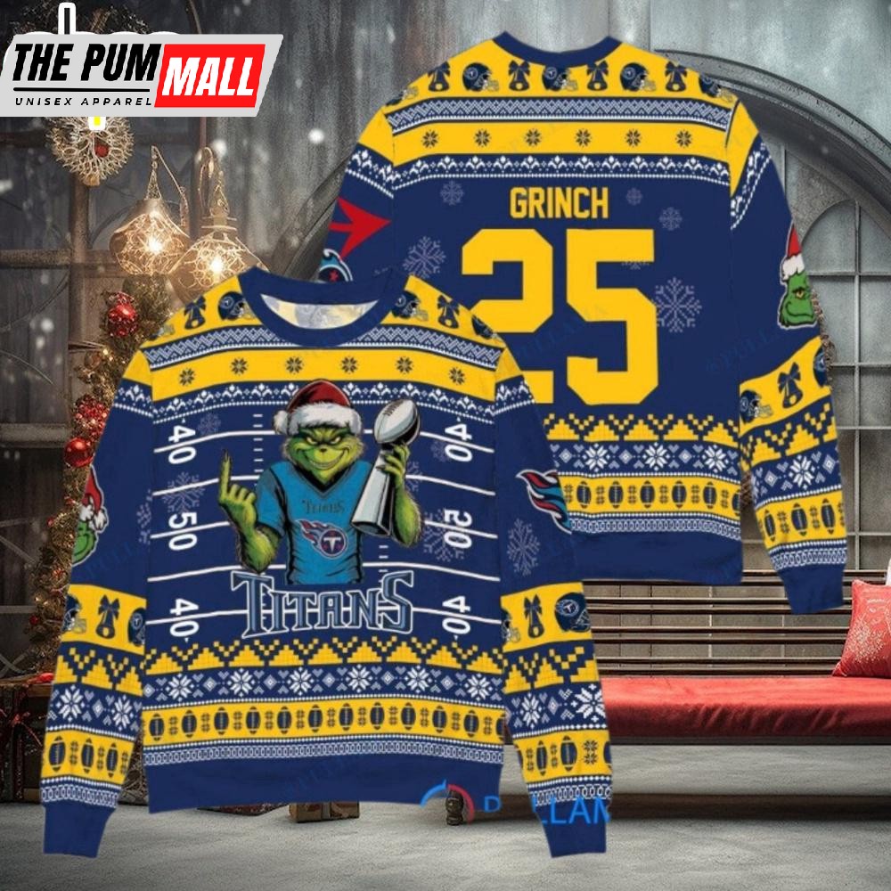 Custom Name And Number NFL Tennessee Titans x Grinch Super Bowl Trophy Ugly Christmas Sweater