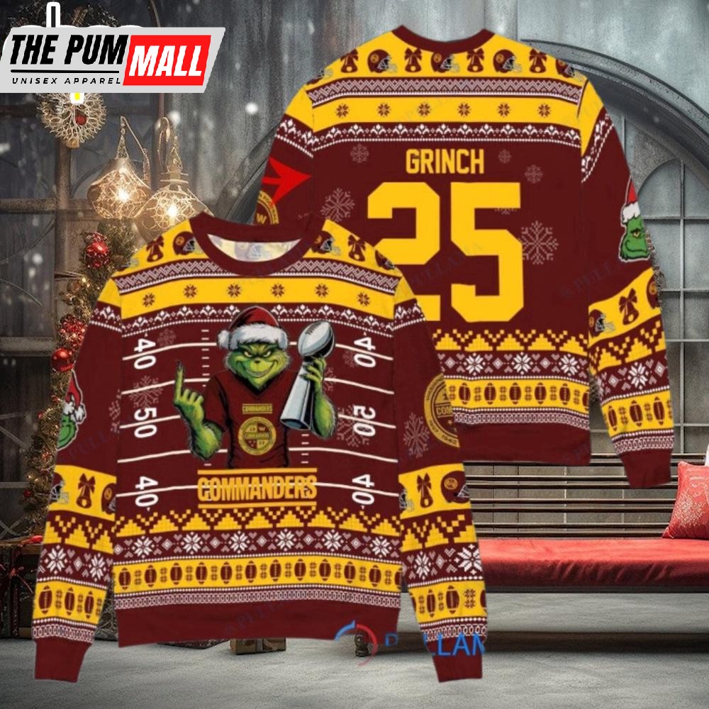 Custom Name And Number NFL Washington Commanders x Grinch Super Bowl Trophy Ugly Christmas Sweater