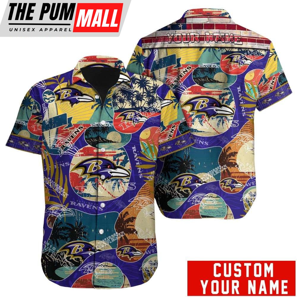 Custom Name Baltimore Ravens American Flag Vintage Hawaiian Shirt
