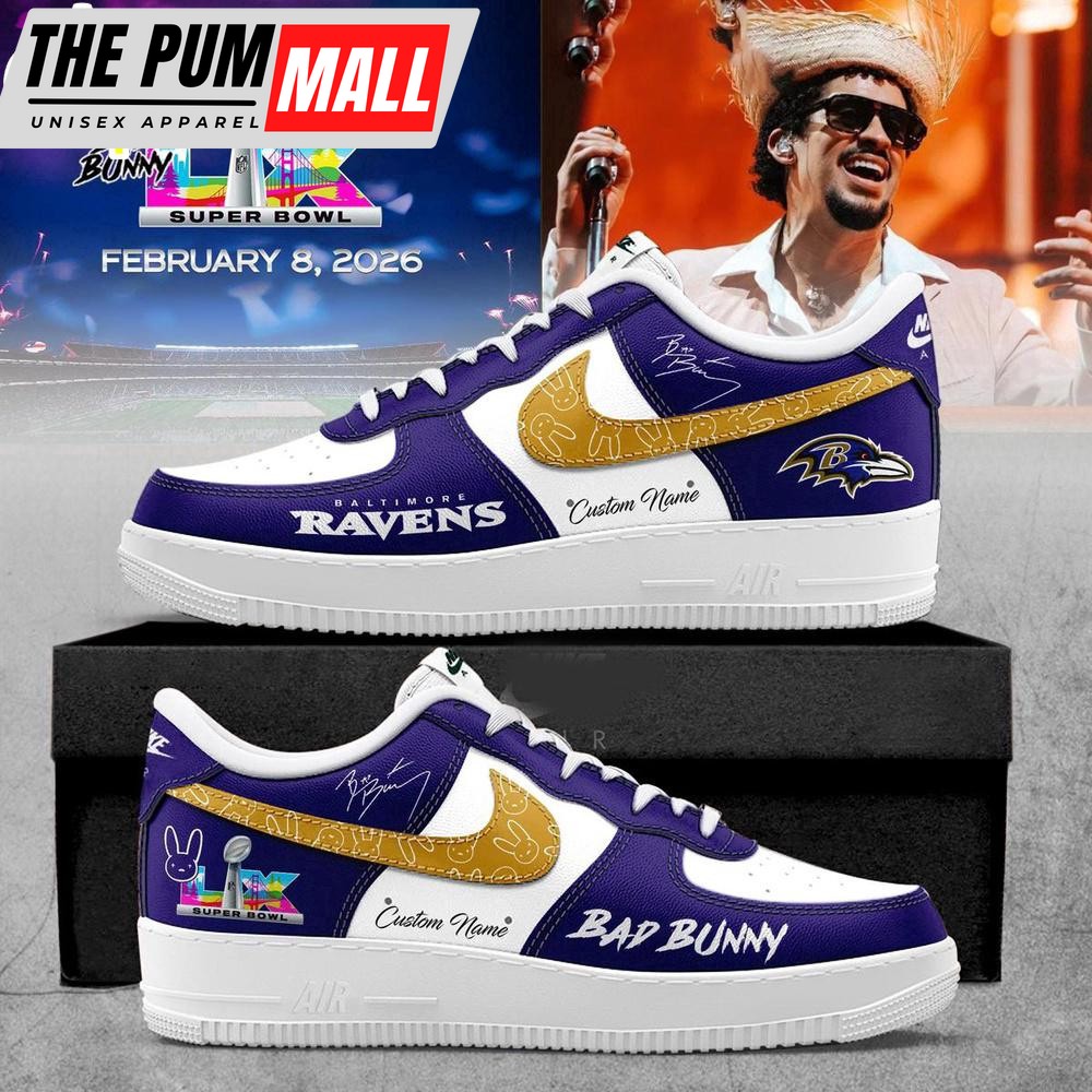 Custom Name Baltimore Ravens NFL x Bad Bunny Super Bowl LX Air Force 1 Shoes