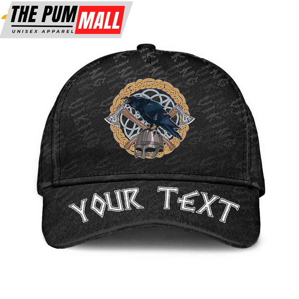 Custom Name Black Crow Sitting On Helmet With Two Crossed Axes Classic Baseball Cap