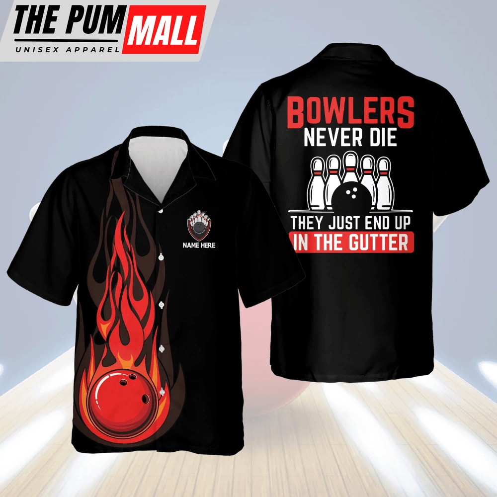 Custom Name Bowling Hawaiian Shirt: Gutter Flame Design for Men