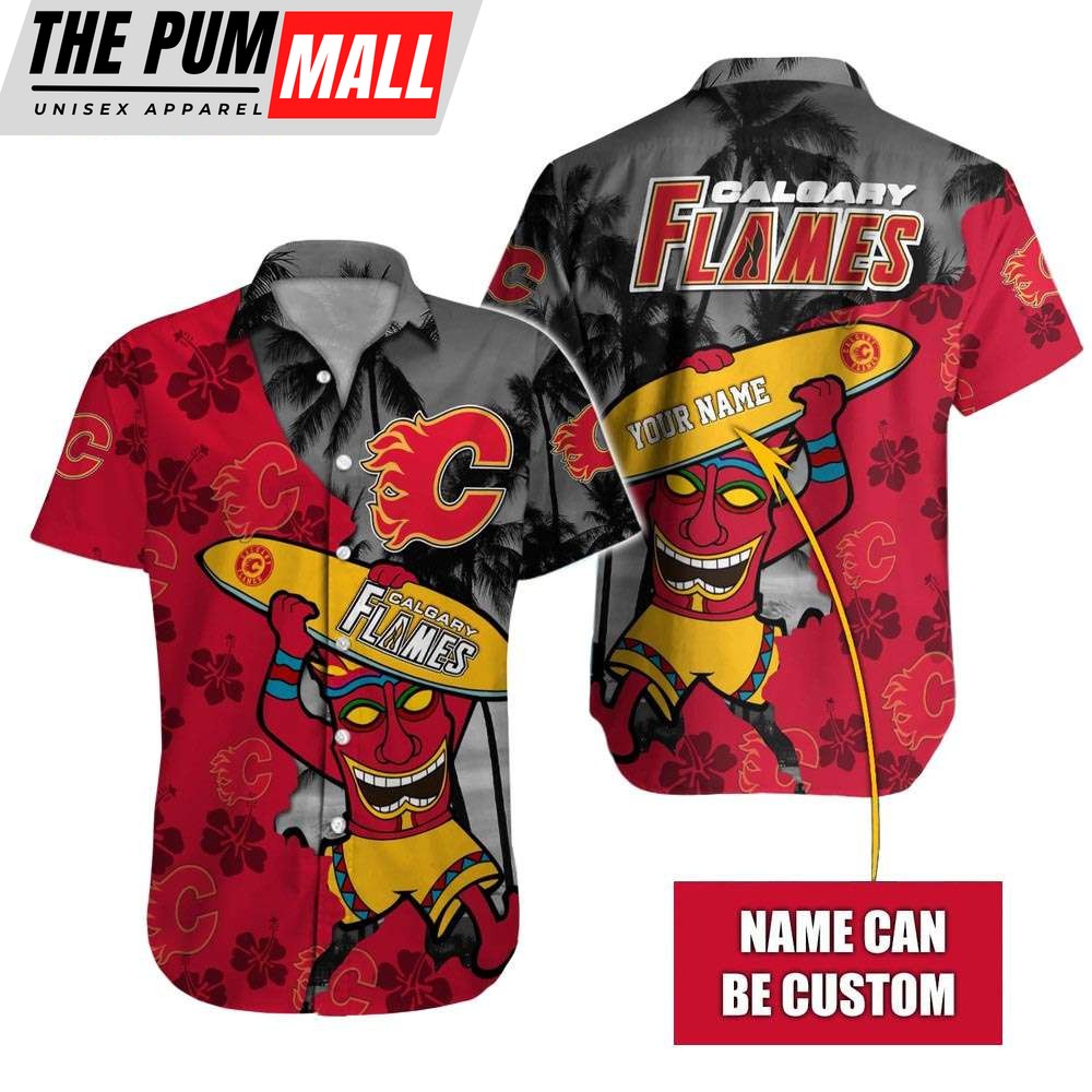 Custom Name Calgary Flames Tiki Man NHL Hawaiian Shirt