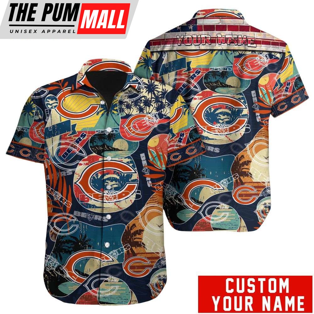 Custom Name Chicago Bears American Flag Vintage Hawaiian Shirt