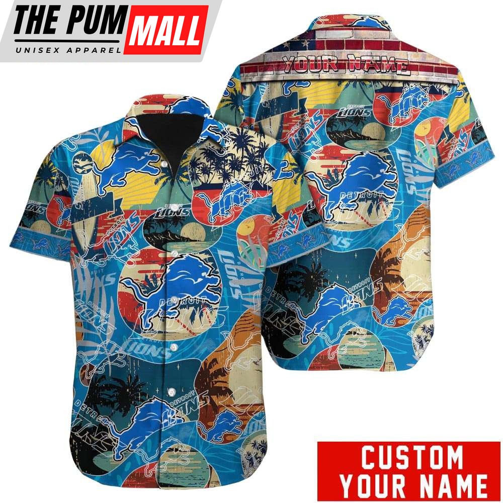 Custom Name Detroit Lions American Flag Vintage Hawaiian Shirt