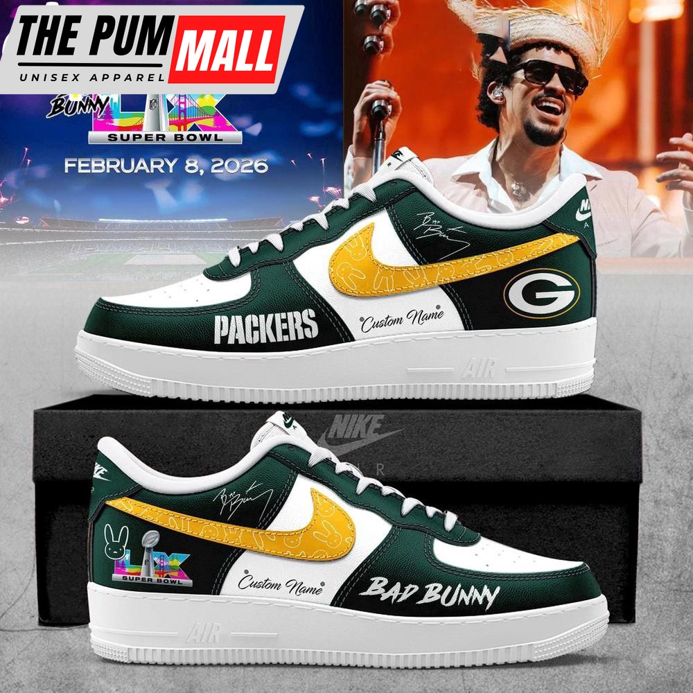 Custom Name Green Bay Packers NFL x Bad Bunny Super Bowl LX Air Force 1 Shoes