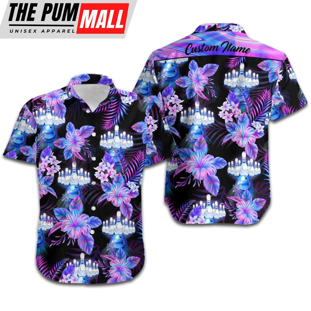 Custom Name Hawaiian Shirt for Men & Women – Bowling Holographic Tropical Flowers (HN3567)