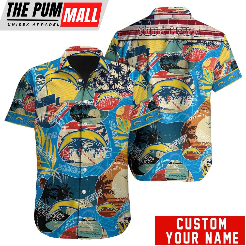 Custom Name Los Angeles Chargers American Flag Vintage Hawaiian Shirt