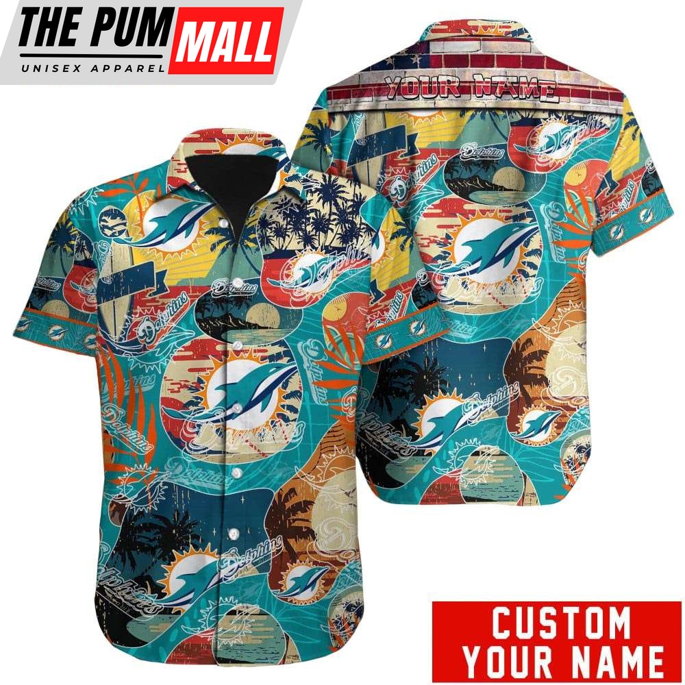 Custom Name Miami Dolphins American Flag Vintage Hawaiian Shirt
