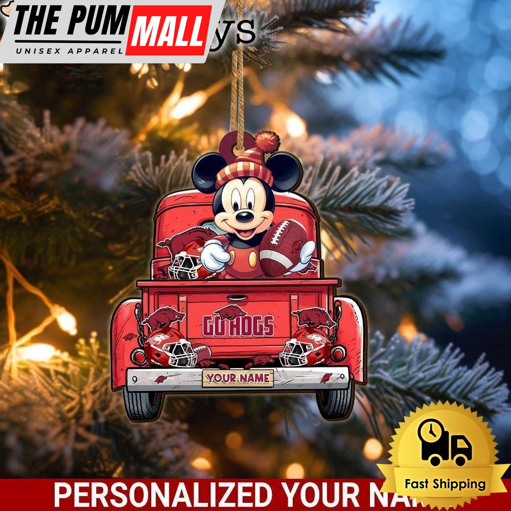 Custom Name NCAA Arkansas Razorbacks Red Truck With Mickey Mouse Ornament Limited Edition