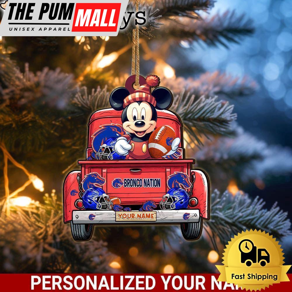 Custom Name NCAA Boise State Broncos Red Truck With Mickey Mouse Ornament Limited Edition