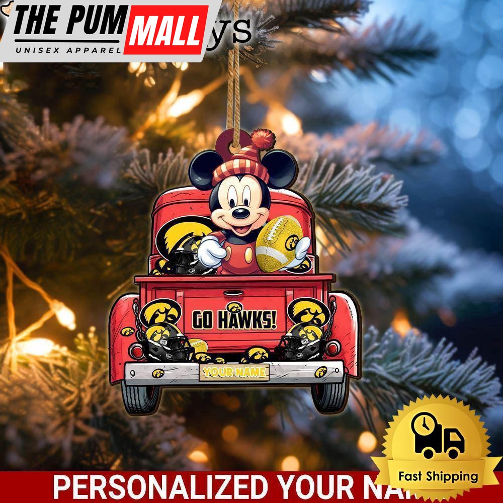 Custom Name NCAA Iowa Hawkeyes Red Truck With Mickey Mouse Ornament Limited Edition