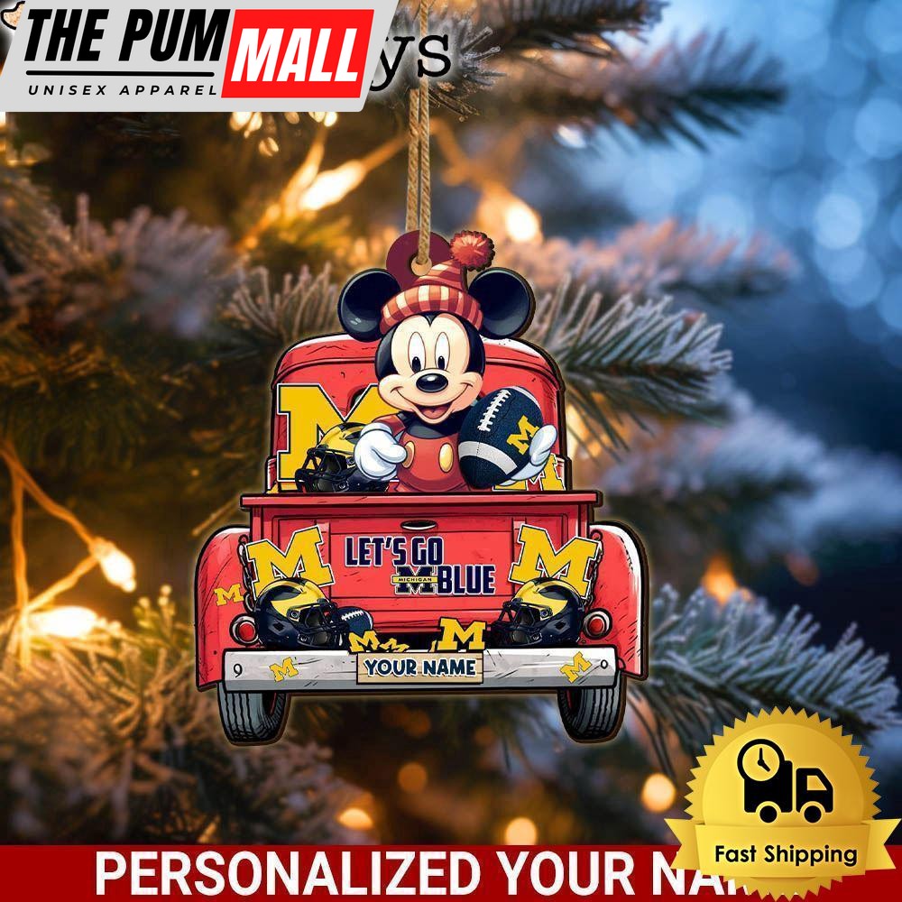 Custom Name NCAA Michigan Wolverines Red Truck With Mickey Mouse Ornament Limited Edition