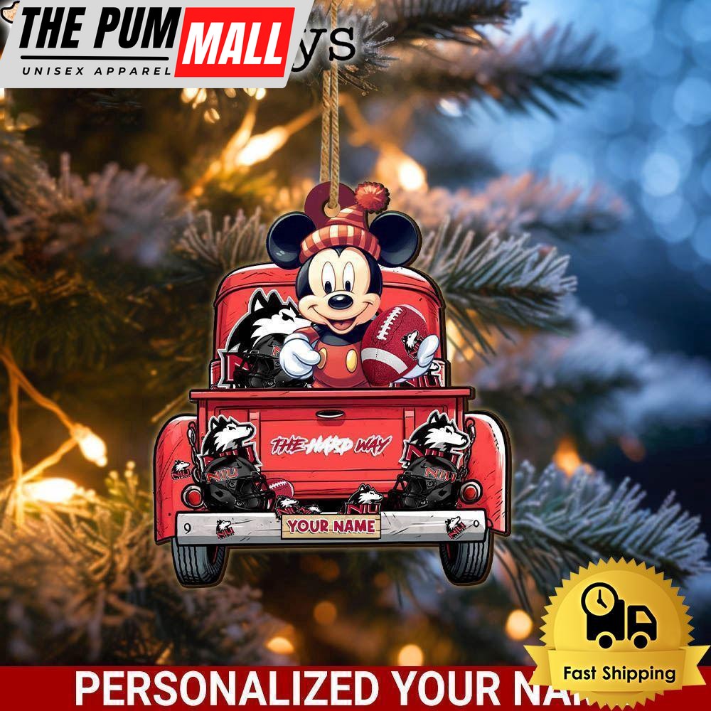 Custom Name NCAA Northern Illinois Huskies Red Truck With Mickey Mouse Ornament Limited Edition