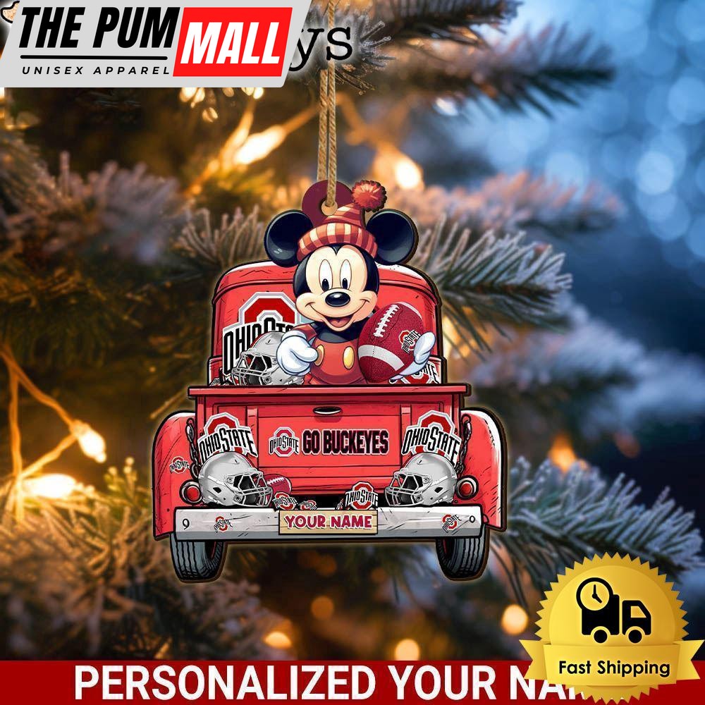 Custom Name NCAA Ohio State Buckeyes Red Truck With Mickey Mouse Ornament Limited Edition