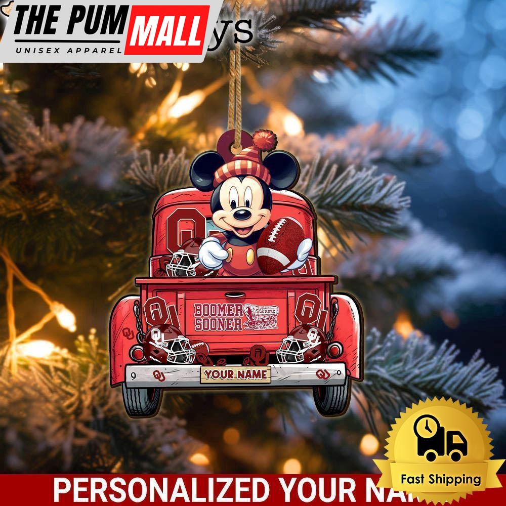 Custom Name NCAA Oklahoma Sooners Red Truck With Mickey Mouse Ornament Limited Edition