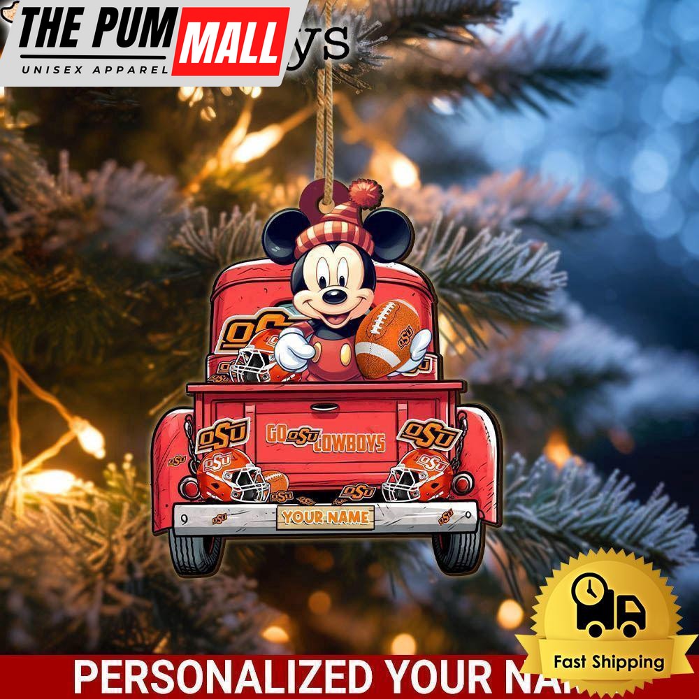 Custom Name NCAA Oklahoma State Cowboys Red Truck With Mickey Mouse Ornament Limited Edition