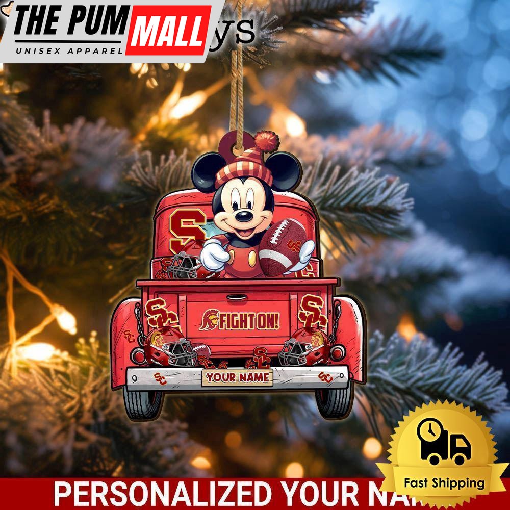 Custom Name NCAA USC Trojans Red Truck With Mickey Mouse Ornament Limited Edition