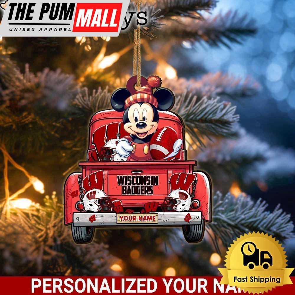 Custom Name NCAA Wisconsin Badgers Red Truck With Mickey Mouse Ornament Limited Edition