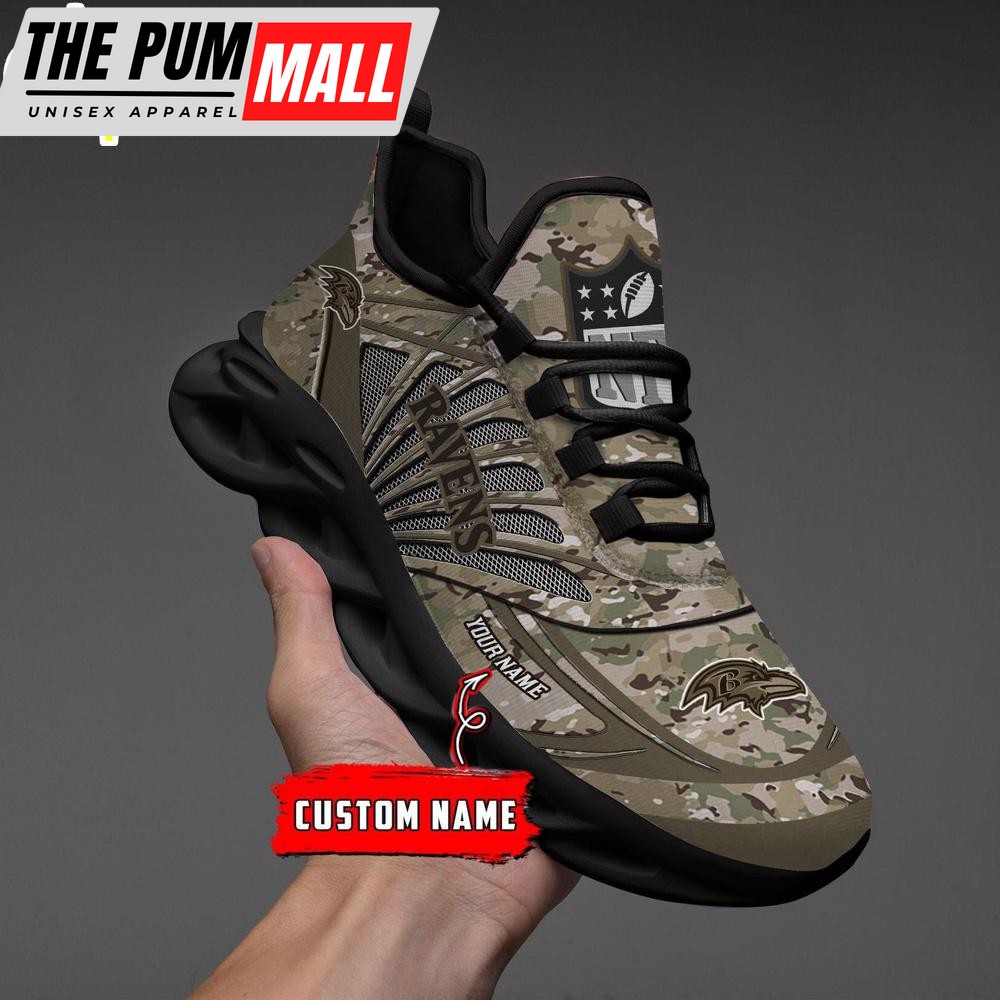 Custom Name NFL Baltimore Ravens Camo Veteran Day Max Soul Shoes