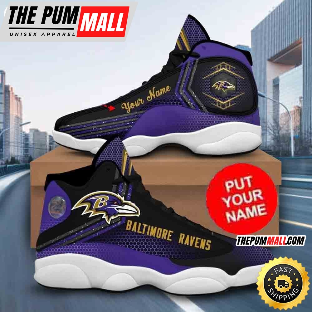 Custom Name NFL Baltimore Ravens Glitter Air Jd 13 Shoes Printed Logo JD 13
