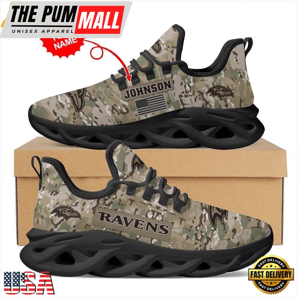 Custom Name NFL Baltimore Ravens US Army Military Veteran Camouflage Max Soul Shoes