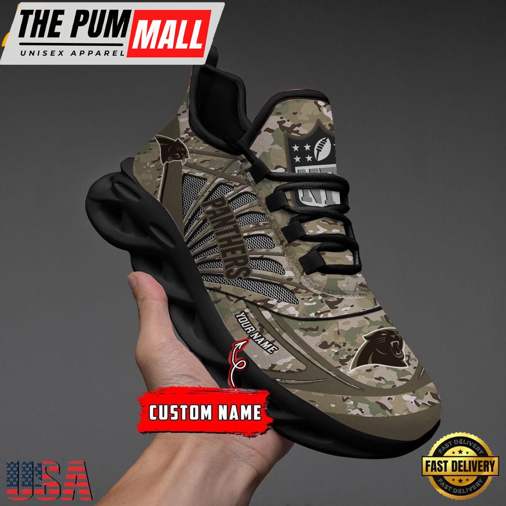 Custom Name NFL Carolina Panthers Camo Veteran Day Max Soul Shoes