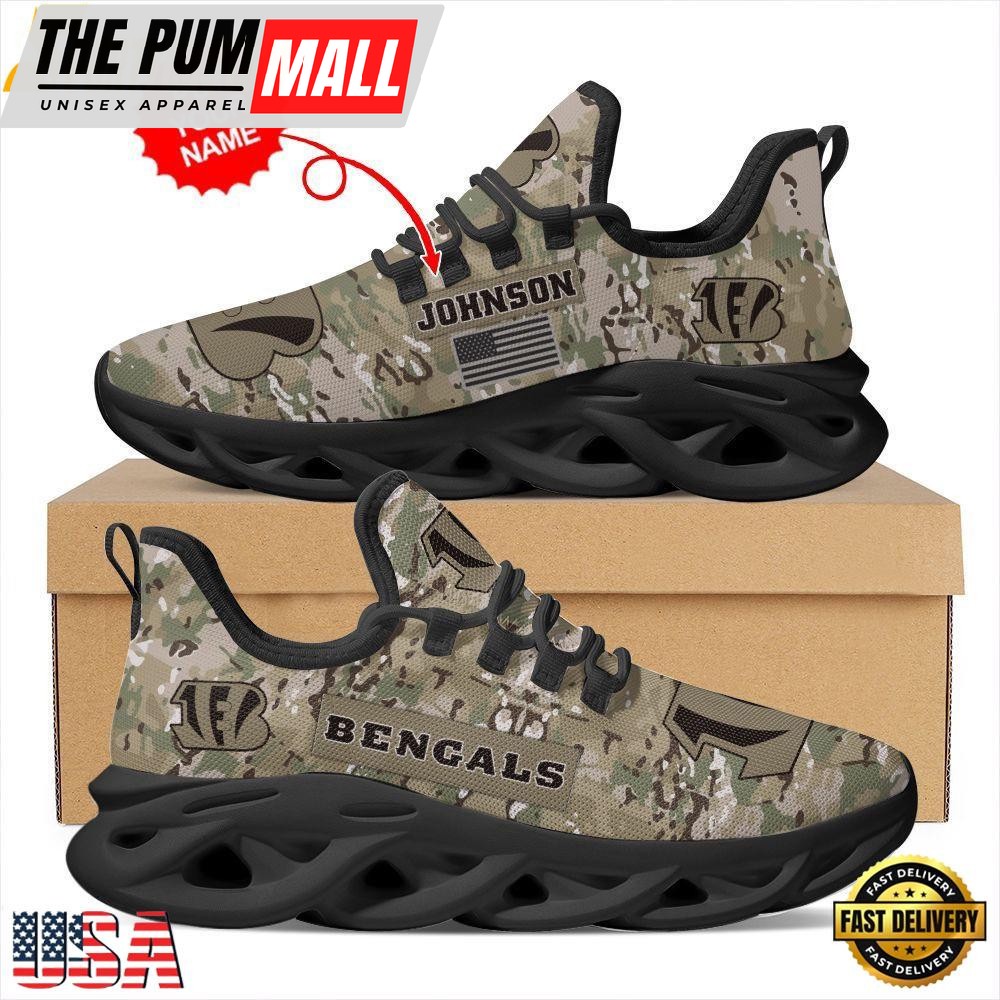 Custom Name NFL Cincinnati Bengals US Army Military Veteran Camouflage Max Soul Shoes