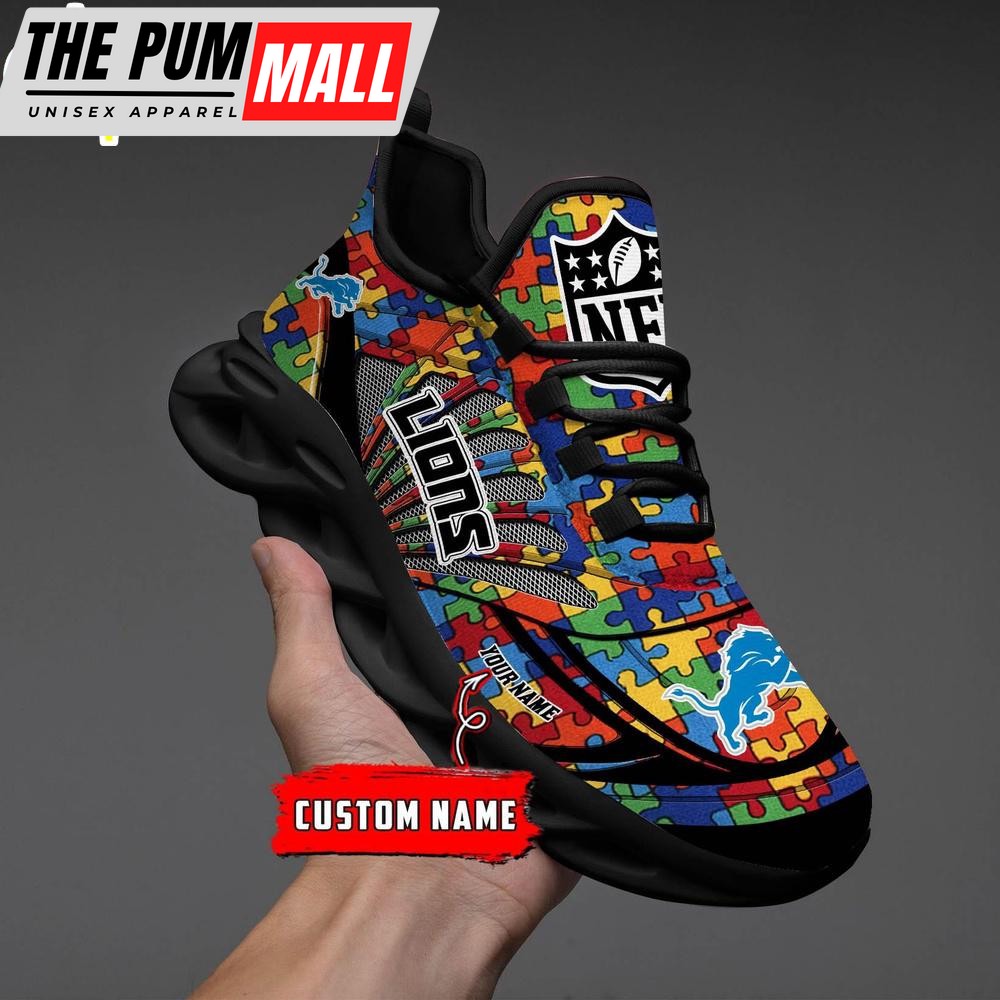 Custom Name NFL Detroit Lions Autism Clunky Max Soul Shoes