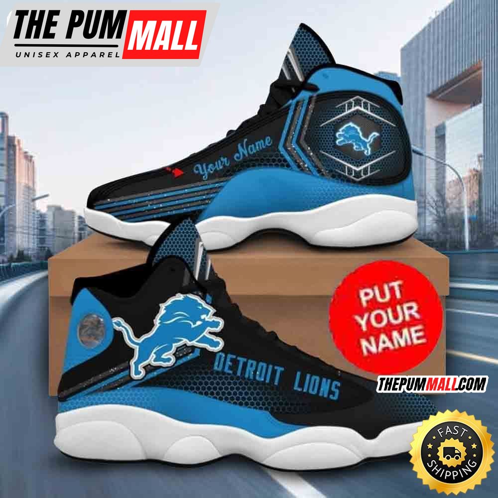 Custom Name NFL Detroit Lions Black Blue Air Jd 13 Shoes Printed Logo JD 13