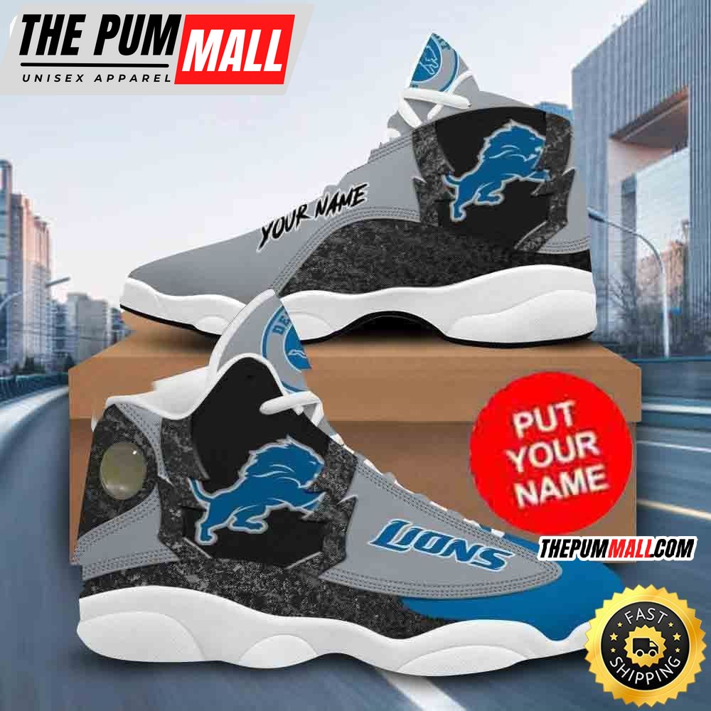 Custom Name NFL Detroit Lions Silver Blue Air Jd 13 Shoes Printed Logo JD 13