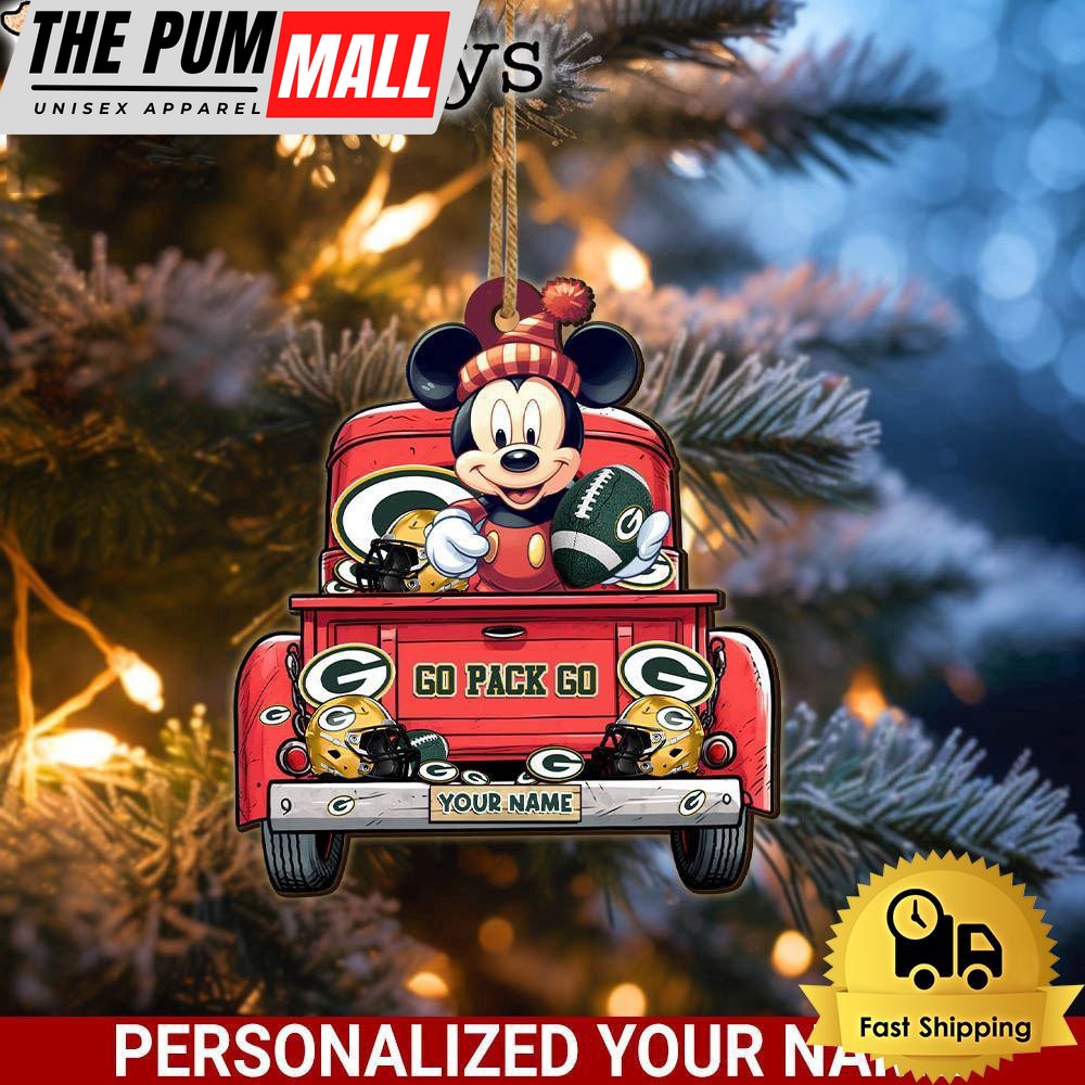 Custom Name NFL Green Bay Packers Red Truck With Mickey Mouse Ornament Limited Edition