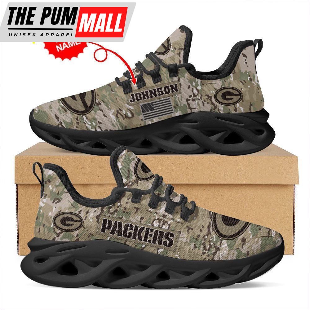Custom Name NFL Green Bay Packers US Army Military Veteran Camouflage Max Soul Shoes