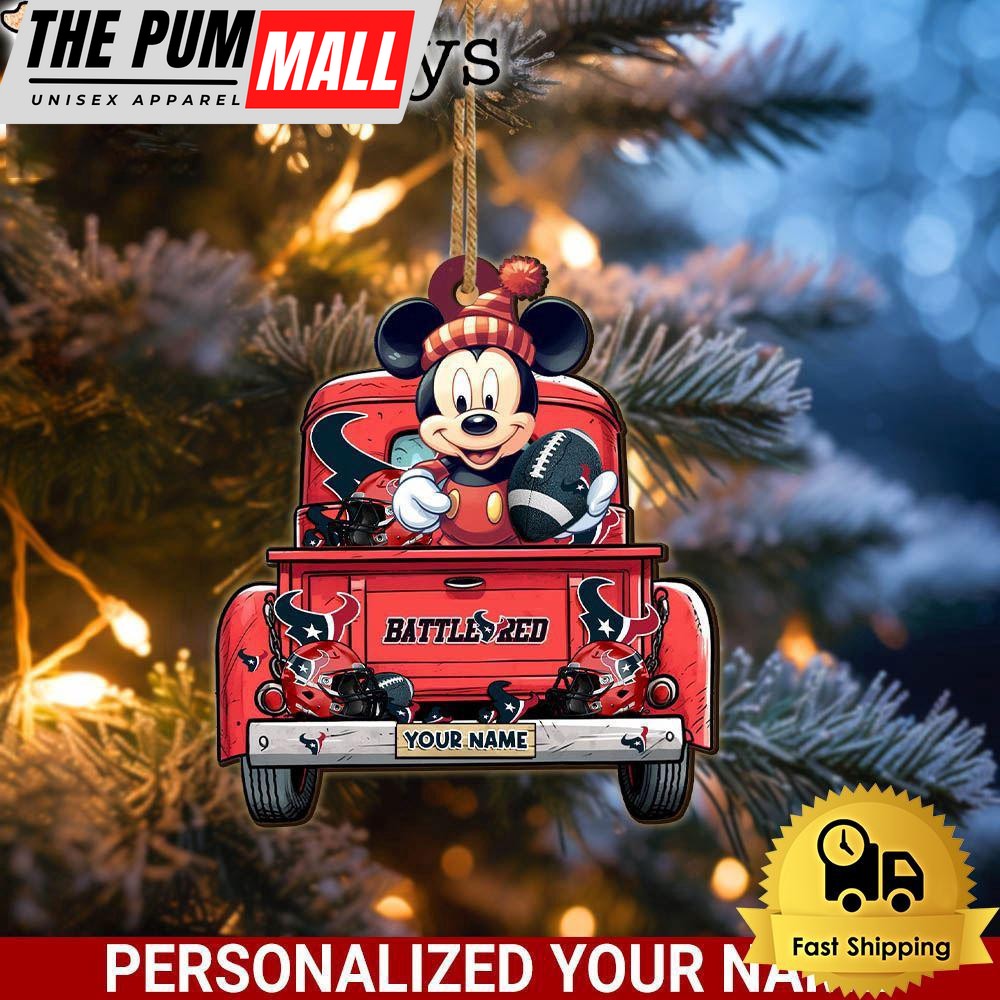 Custom Name NFL Houston Texans Red Truck With Mickey Mouse Ornament Limited Edition