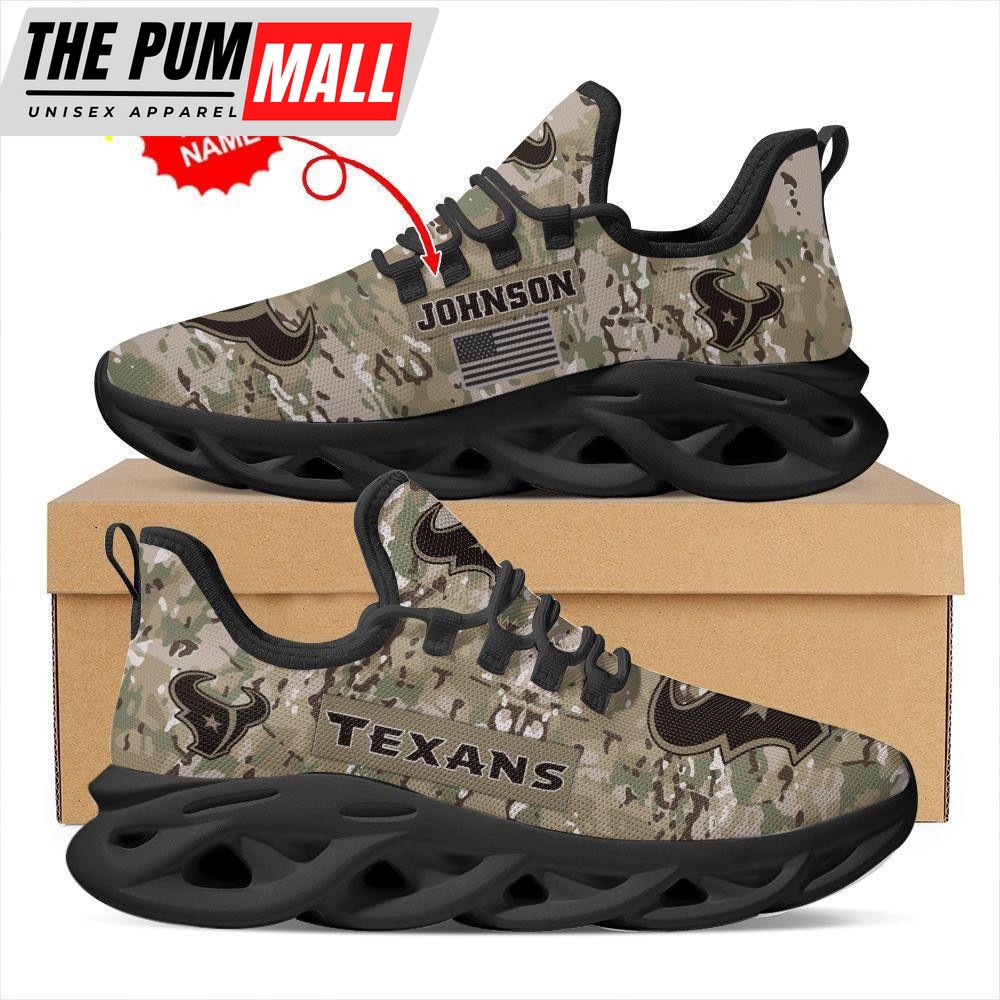 Custom Name NFL Houston Texans US Army Military Veteran Camouflage Max Soul Shoes