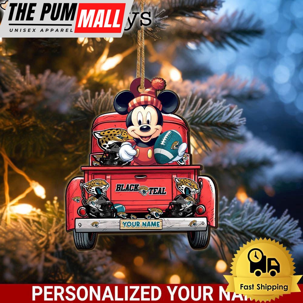 Custom Name NFL Jacksonville Jaguars Red Truck With Mickey Mouse Ornament Limited Edition